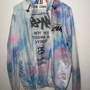 Stüssy Pastel Tie-Dye Lightweight Windbreaker Hoodie in Light Blue/Pink - Size M